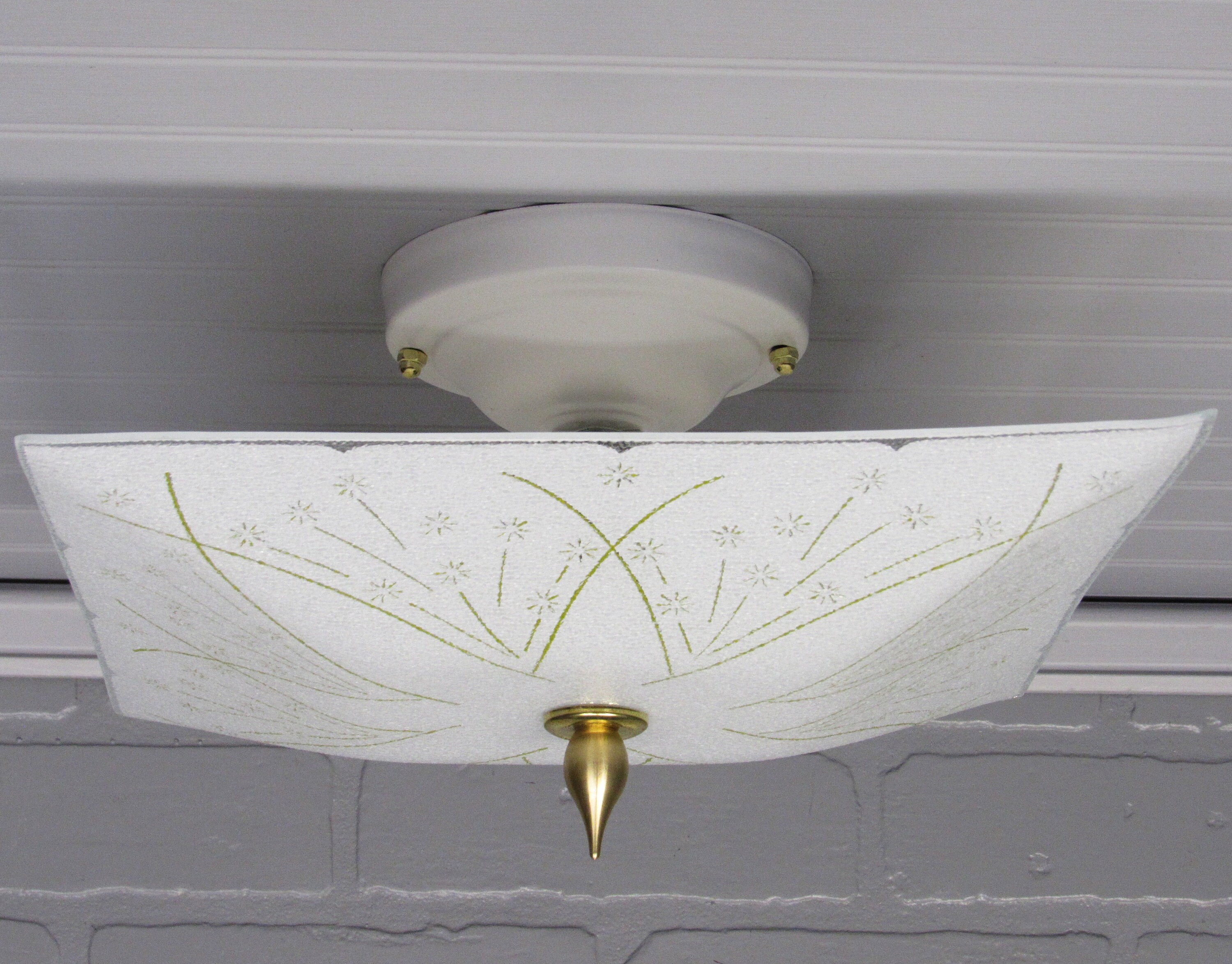 NOS Vintage Retro MCM Semi Flush Mount Ceiling Light, Yellow White