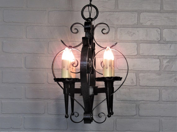 Vintage Antique Hand Wrought Iron Chandelier Spanish Revival Black Four Light Ceiling Light 28 1 4