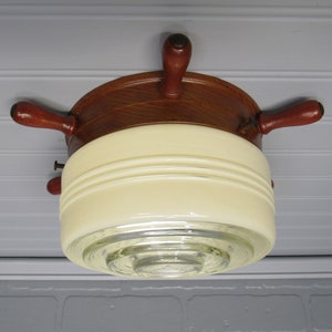 1940's Retro Nautical Flush Mount Ceiling Light Nautical Ship's Wheel Glass Shade 10" Diameter