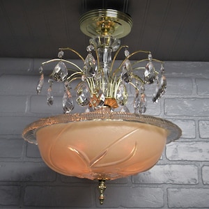 Vintage Art Deco Semi Flush Mount Ceiling Light Fixture, Hollywood Glam Chandelier 18&quot; Diameter