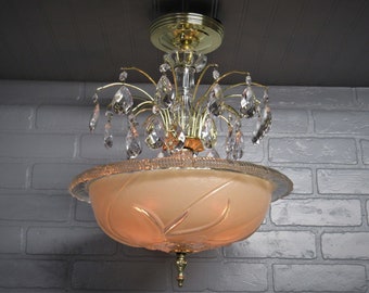 Vintage Art Deco Semi Flush Mount Ceiling Light Fixture, Hollywood Glam Chandelier 18" Diameter