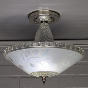 Vintage Art Deco Semi Flush Mount Ceiling Light Nickel 12&quot; Drop (Length) Blue Glass Shade