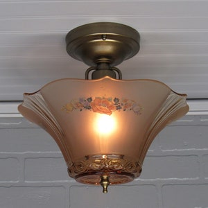 Vintage Art Deco Peach Pink Floral Glass Ceiling Light