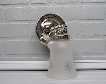 Vintage Art Deco Bathroom Sconce - Nickel Vanity Light with Frosted Glass Shade