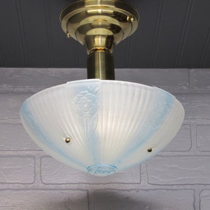 1930&#39;s Art Deco Semi Flush Mount Ceiling Light Blue White Glass Shade Deep Brass Fixture 11 1/2&quot; Drop