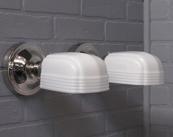 Pair Vintage Art Deco Vanity Light Bathroom Wall Sconces Nickel with Milk Glass Shades