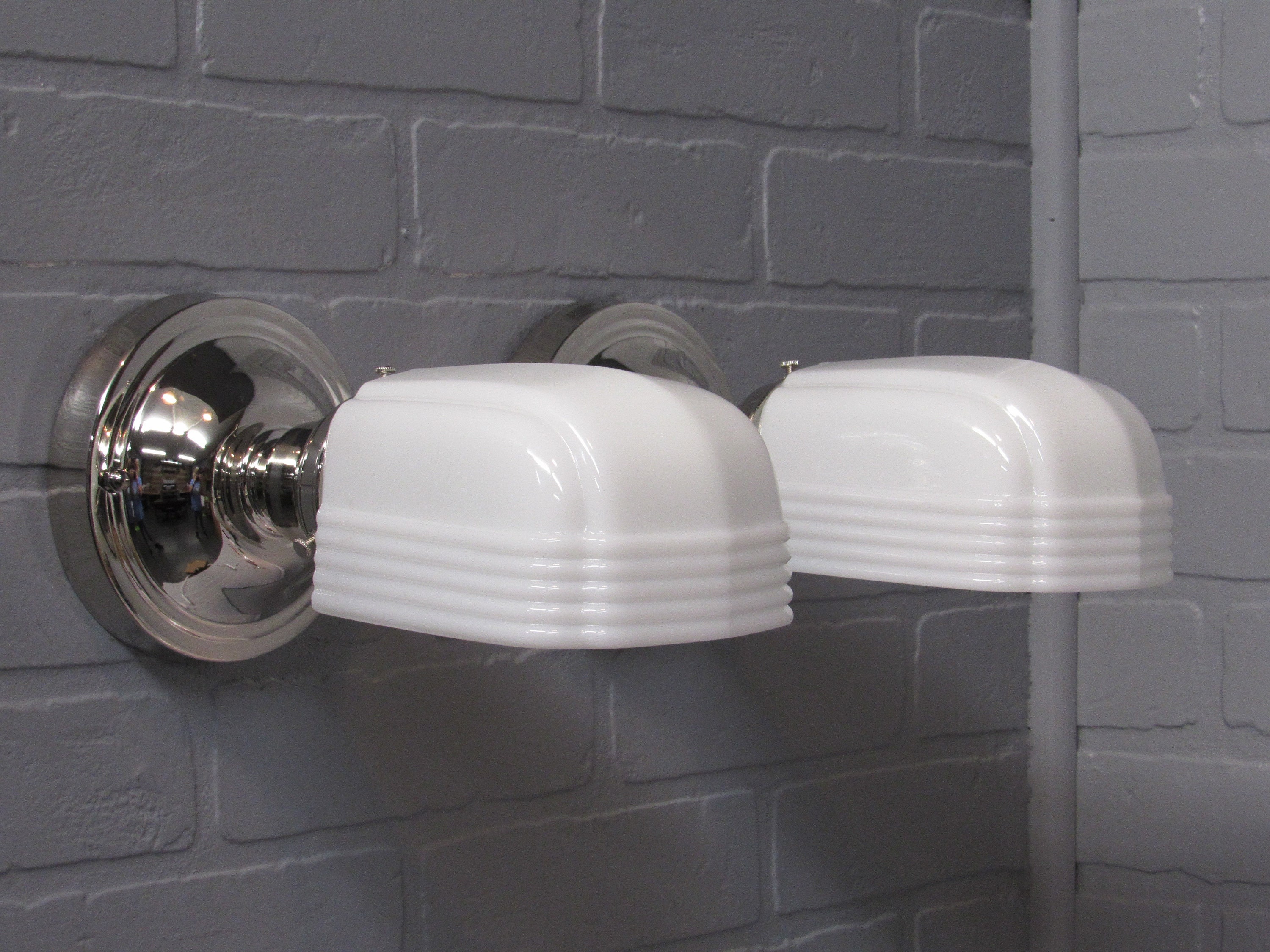 Pair Vintage Art Deco Vanity Light Bathroom Wall Sconces Nickel with Milk Glass Shades