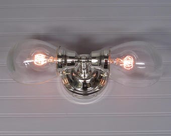 Vintage Art Deco Vanity Light  Bathroom Wall Sconce Nickel Clear Glass Shade 16" Wide