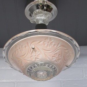 Vintage Art Deco Semi Flush Mount Light Nickel 12.5&quot; Drop (Length) Pink Glass Shade
