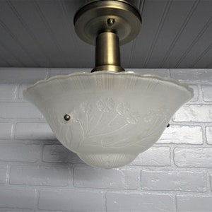 1930&#39;s Art Deco Semi Flush Mount Ceiling Light Frosted Glass Shade Antique Brass Light Fixture