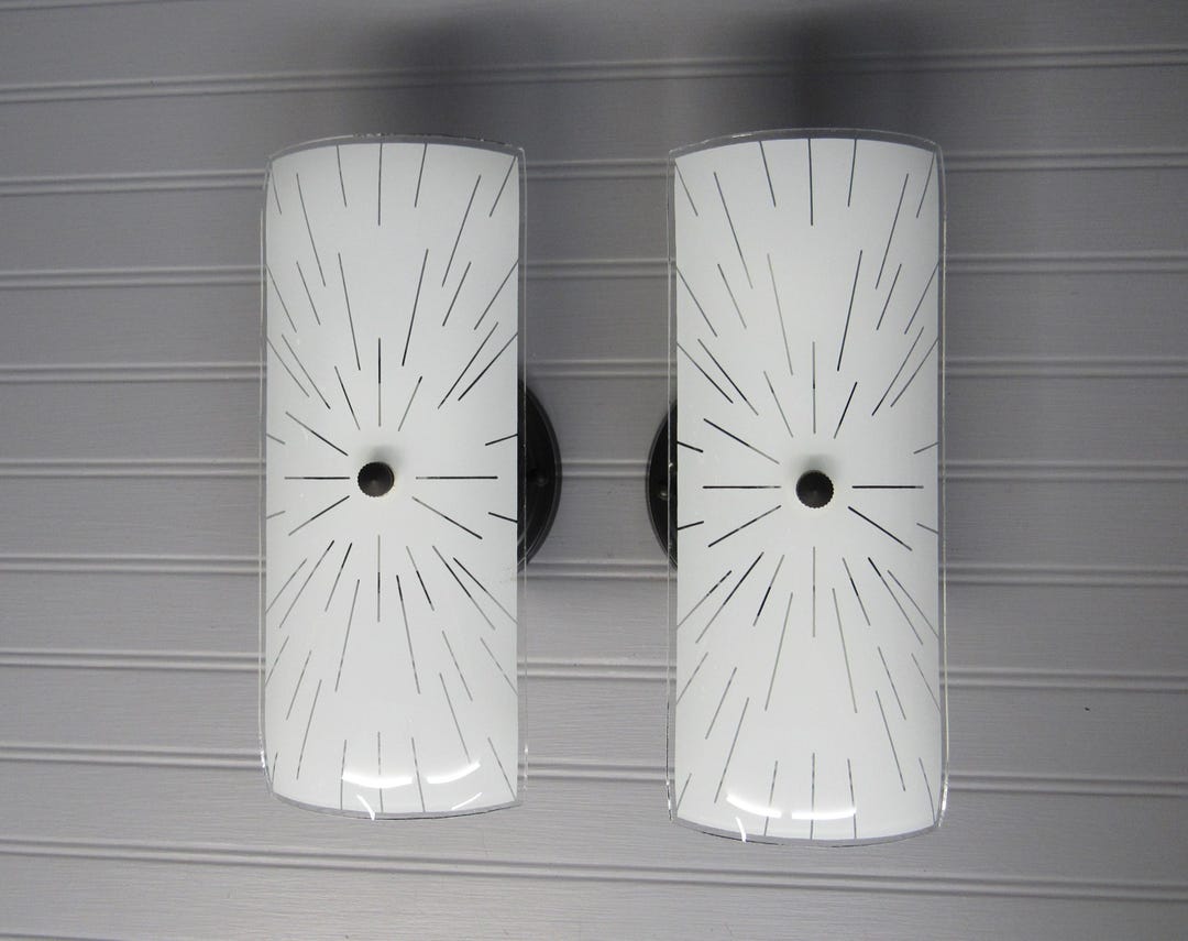 PAIR Vintage 1950s MCM Bathroom Vanity Lights White Black Slip Shade ...