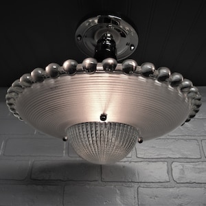 1930&#39;s Art Deco Semi Flush Mount Ceiling Lightly Frosted Hobnail retro Glass Shade steel Light Fixture