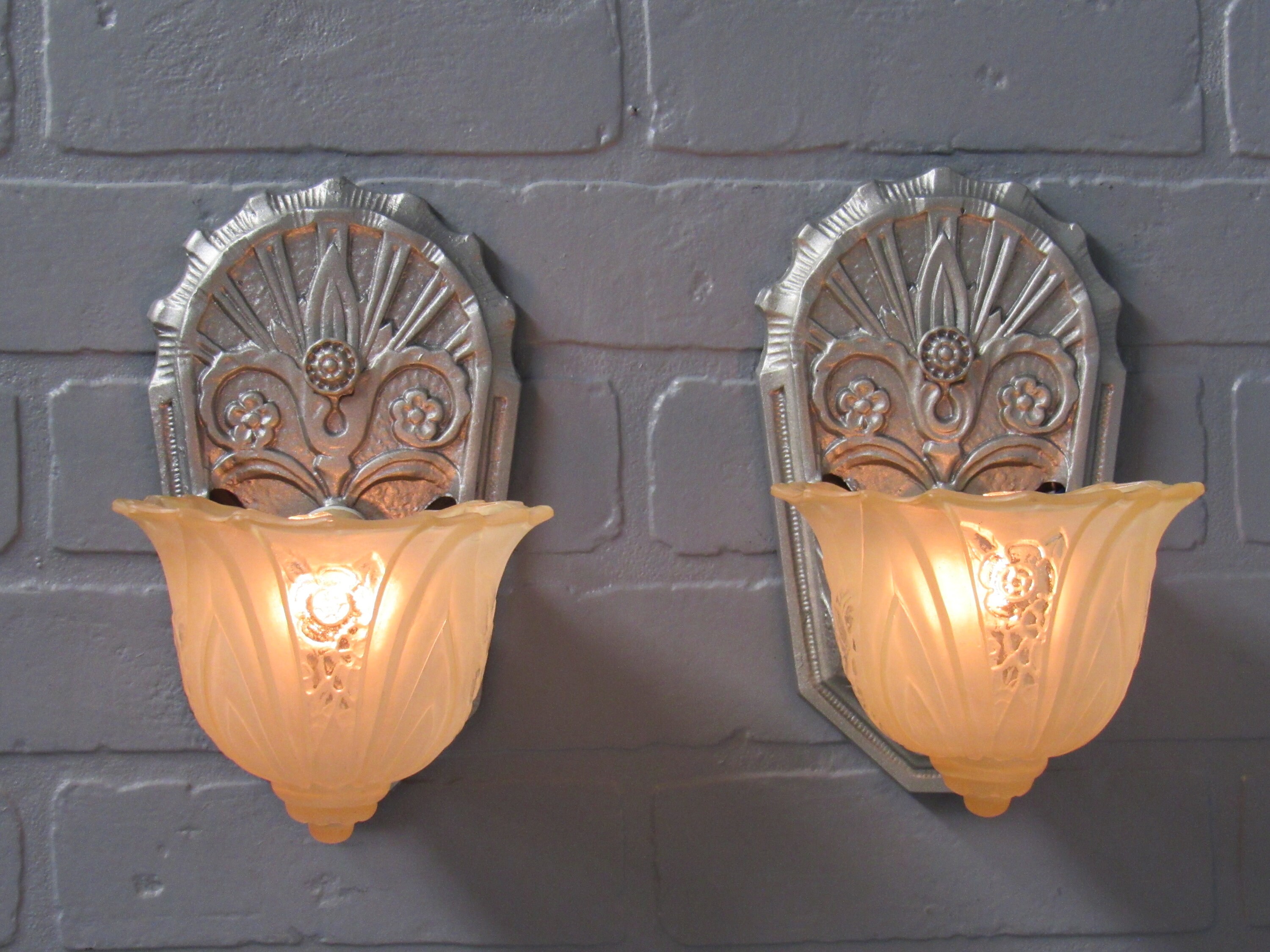 Vintage Pair 1920 s Art Deco Slip Shade Wall Sconce Lights Amber