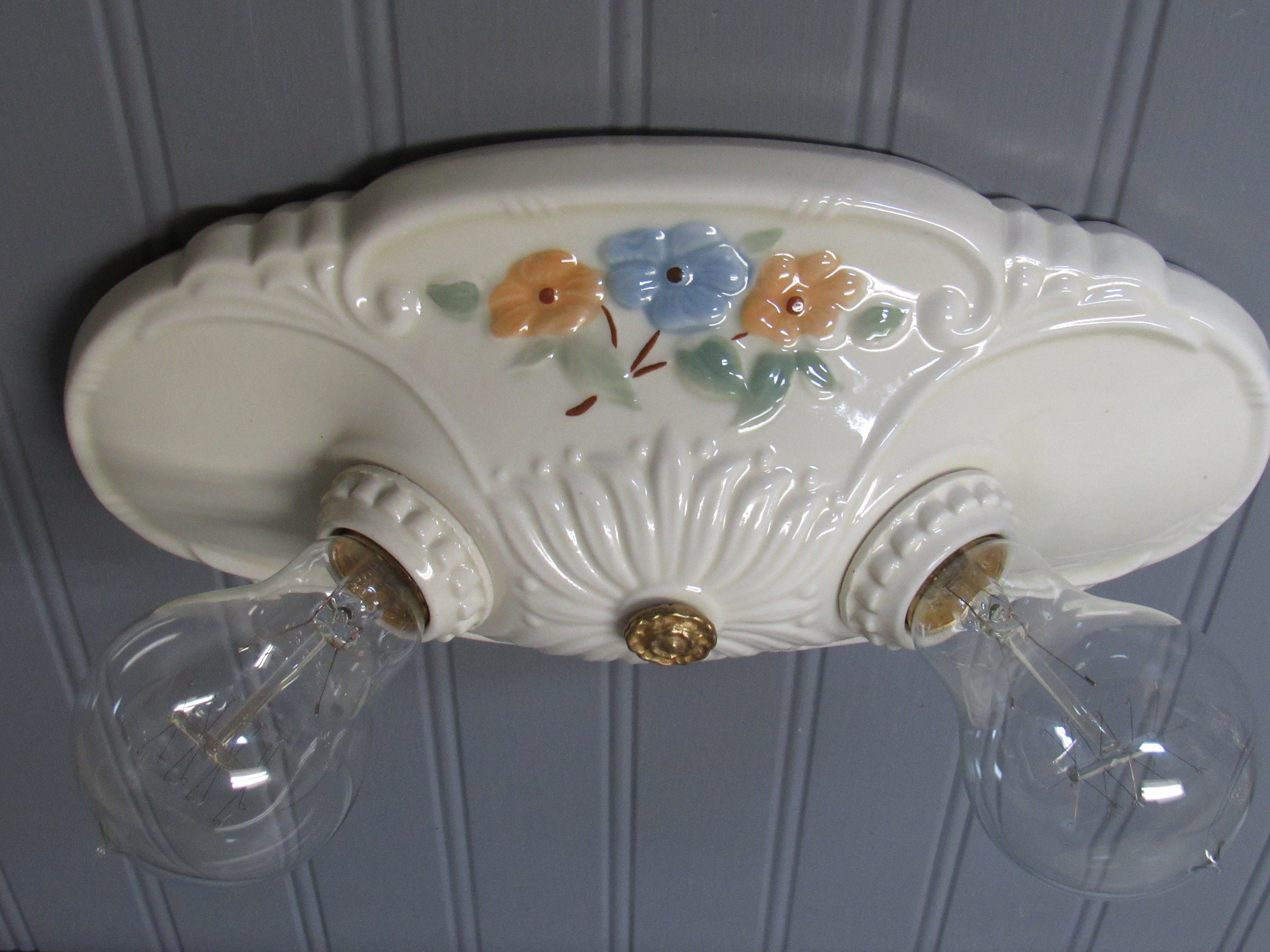 Vintage Flush Mount Ceiling Light Art Deco Porcelain Ivory Blue Orange Fl Two Farmhouse Decor 11 Long