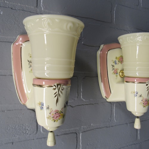 1930s Pair Slip Shade Bathroom Wall Sconces Vanity Light Etsy