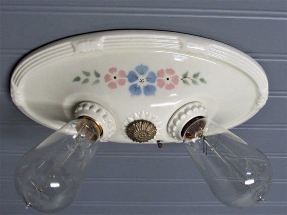 Vintage Flush Mount Ceiling Light Art Deco Porcelain Two Light Etsy