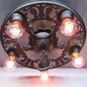 Vintage Craftsman Semi Flush Mount Ceiling Light, Large Cast Iron Hammered  Mission Chandelier 5 Light