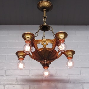 Vintage Antique Art Deco Chandelier,  1920&#39;s Polychrome LINCOLN Chandelier,  5 Light, 16 3/4&quot; Diameter 21 3/4&quot; Long