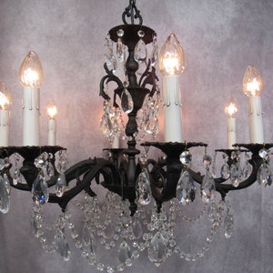 Vintage Large Spanish Brass Chandelier Matte Black Crystal Prisms 8-Light 41" L by 21" W