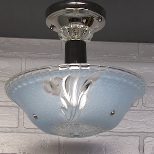 Vintage Art Deco Semi Flush Mount Ceiling Light Nickel 11&quot; Drop (Length) Blue Glass Shade