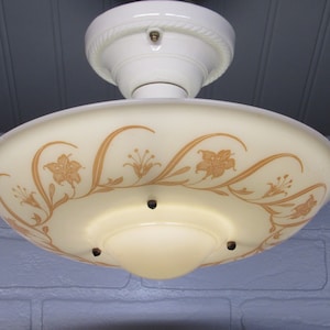 Vintage Art Deco Semi Flush Mount Ceiling Light Fixture Porcelain Ivory Light Fixture 8 1/2&quot; Drop (Length)