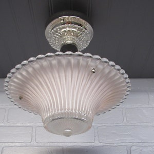 Vintage Art Deco Semi Flush Mount Light Nickel 10&quot; Drop (Length) Pink Hobnail Glass Shade