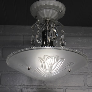 Vintage Art Deco Semi Flush Mount Ceiling Light Fixture Chrome Floral Light Fixture 13&quot; Drop (Length)