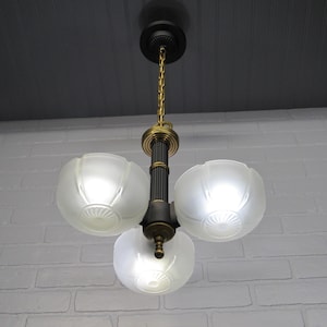 Vintage Antique 1930&#39;s Slip Shade Chandelier 3 Light  29&quot; Drop