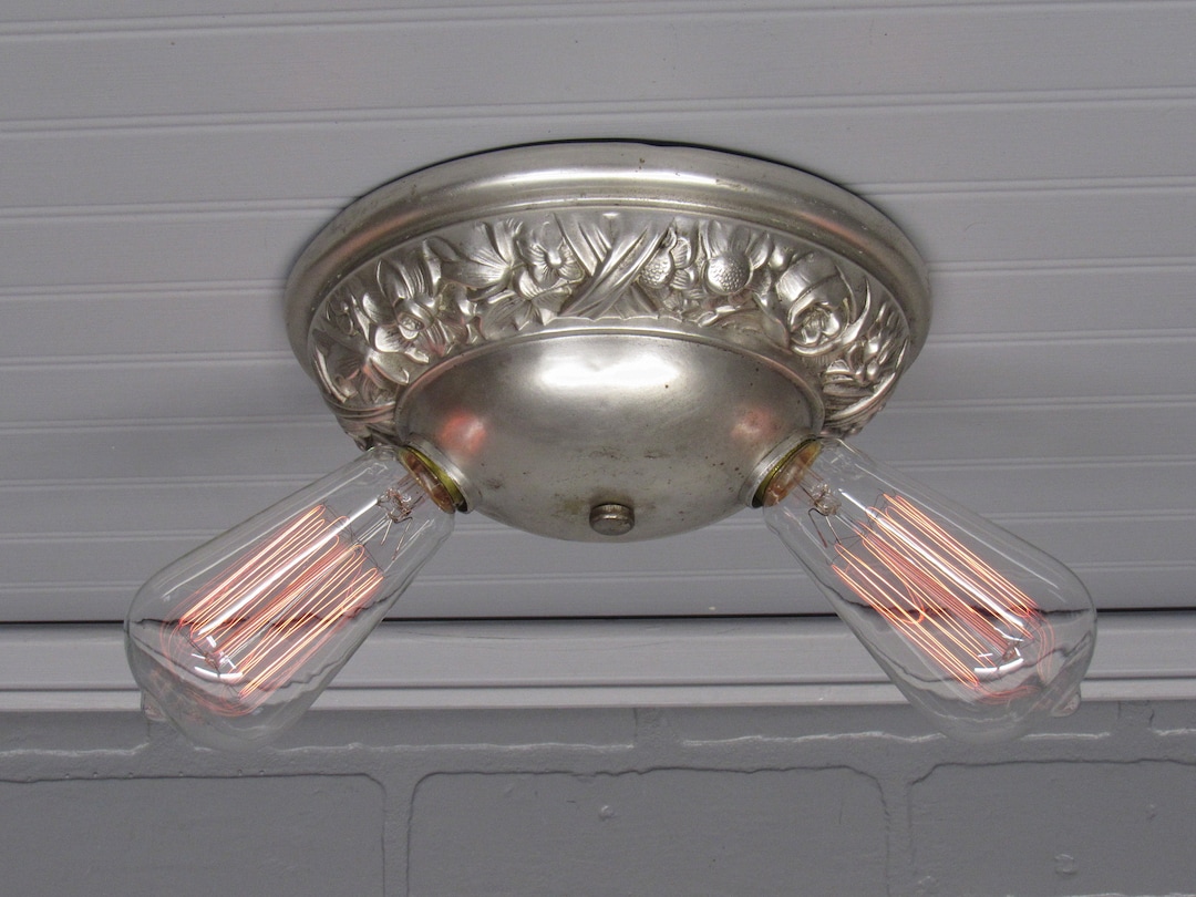 Vintage Art Deco Flush Mount Ceiling Light, Silver Plate Light Fixture