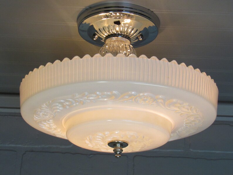 Vintage Art Deco Semi Flush Mount Ceiling Light Fixture 8 1 4 Long White Scalloped Shade Chrome 1930s