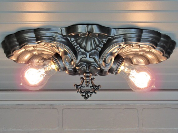 Vintage Art Deco Sea Shell Flush Mount Ceiling Light 1920 S Brass Ceiling Light Farmhouse Decor Light Fixture 2 Light 14 By 7 1 2