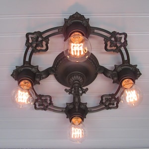 Vintage Antique Art Deco Flush Mount Ceiling Light 1930&#39;s Matte Black Farmhouse Ceiling Light 4 Light
