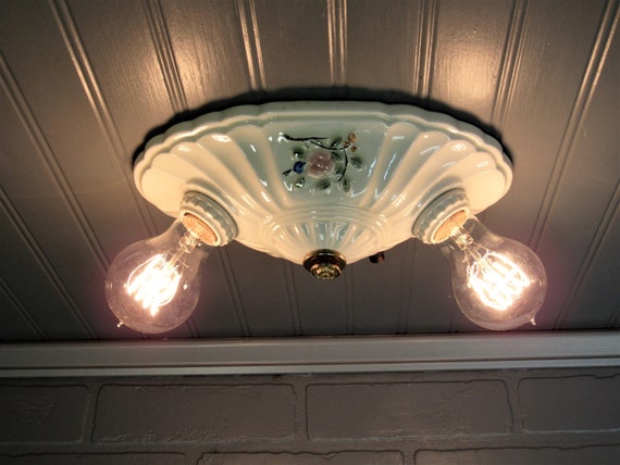 Vintage Porcelier Flush Mount Ceiling Light Art Deco Porcelain