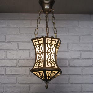 Gorgeous 1920&#39;s Lantern Brass with Opal Glass Ceiling Lantern 24&quot; Drop