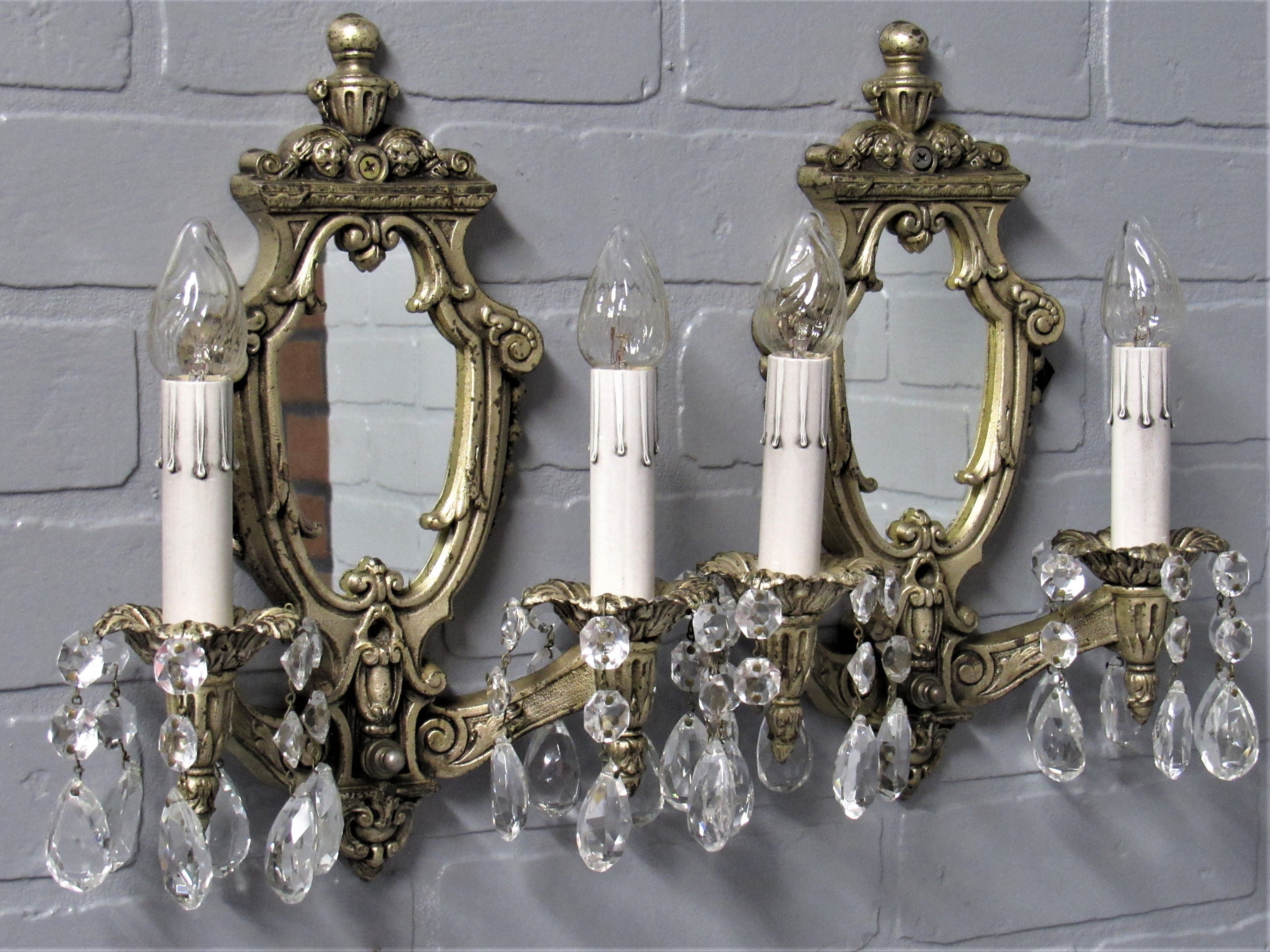 PAIR 1920 s Antique Silver Plate Wall Sconces With Mirrors and Crystal Prisms Restored Etsy