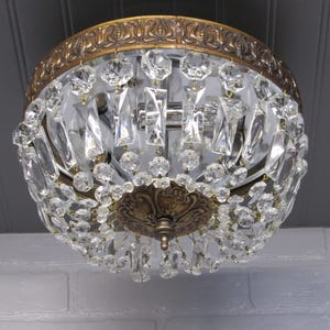 Vintage Crystal Bowl Chandelier 1940&#39;s Semi Flush Mount Basket Light 7 1/2&quot; Drop