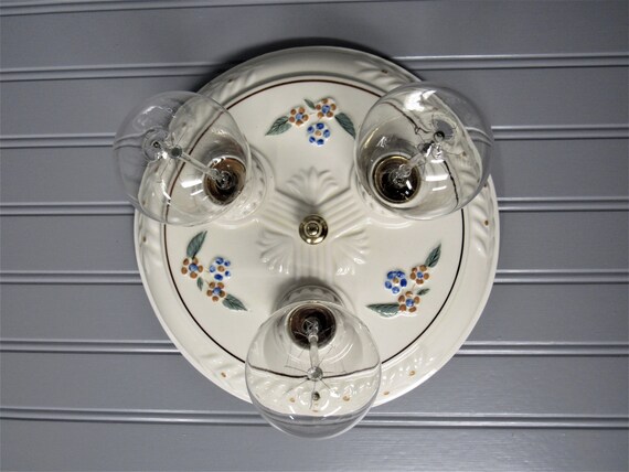 Vintage Art Deco Porcelain Flush Mount Ceiling Light Three Light Fixture Farmhouse Decor Restored Ul Sockets