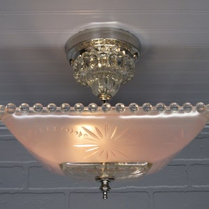 Vintage Art Deco Ceiling Light: Pink Hobnail Glass Shade
