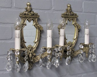 PAIR 1920's Antique Silver Plate Wall Sconces With Mirrors and Crystal Prisms Restored