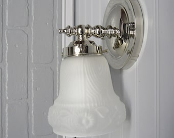 Vintage Art Deco Nickel Vanity Light, Frosted Floral Glass Sconce