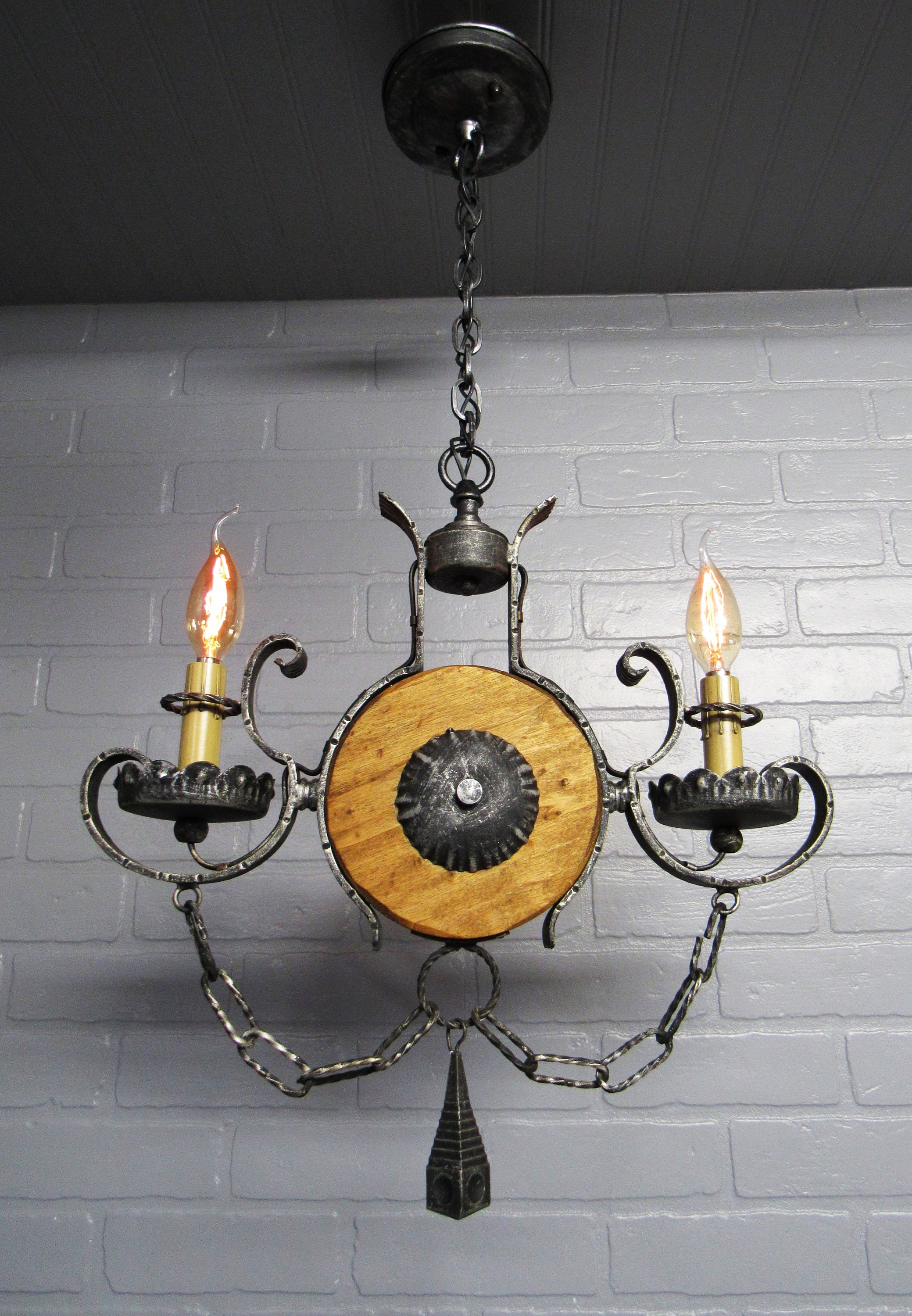 Vintage Spanish Revival Wrought Iron Ceiling Light, Wood Chandelier 29 1/4\, image size:2079x3000