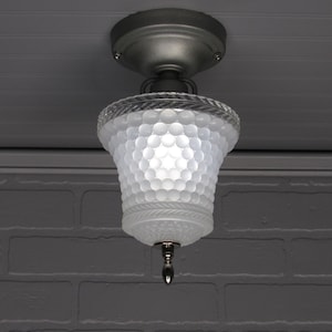 Vintage Art Deco Retro Semi Flush Mount Ceiling Light, Opal Hobnail Glass Shade 6&quot; Diameter 11&quot; L Hall Light Foyer Light