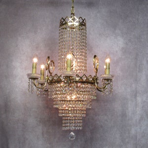 Vintage 1960's Chandelier, Large Empire Waterfall Chandelier, Gold Crystal Wedding Cake Chandelier 12 Light
