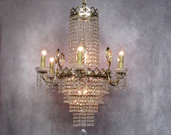 Vintage 1960's Chandelier, Large Empire Waterfall Chandelier, Gold Crystal Wedding Cake Chandelier 12 Light