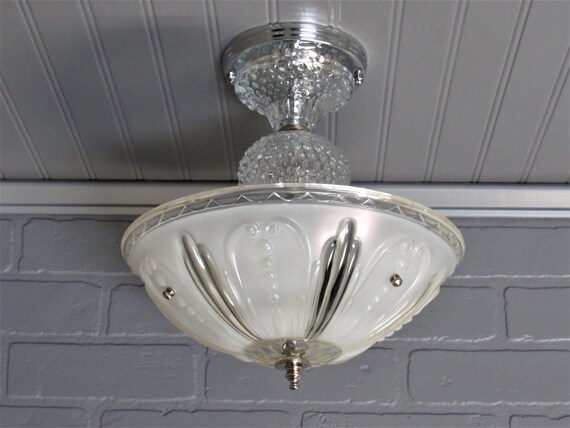 Vintage Art Deco Ceiling Light Semi Flush Mount Ceiling Light Fixture Opalescent Hobnail Candlewicke Glass Shade 10 3 4 Long