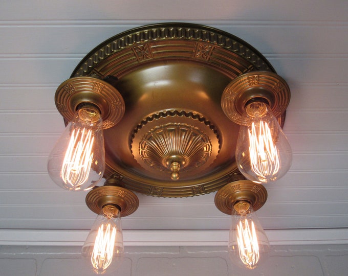 Vintage Antique Flush Mount Art Deco Ceiling Light, Brass 1920's