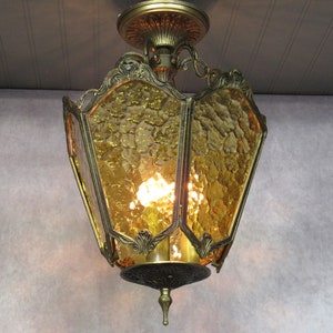 Vintage Antique Spanish Brass Lantern Semi Flush Mount Chandelier, Amber Hall or Foyer Lighting 16 1/4&quot; Long