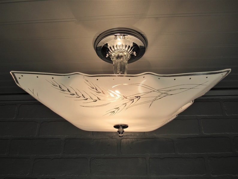 Vintage 1930 S Art Deco Retro Semi Flush Mount Ceiling Light White Wheat Design Square Glass Shade 8 1 2 L