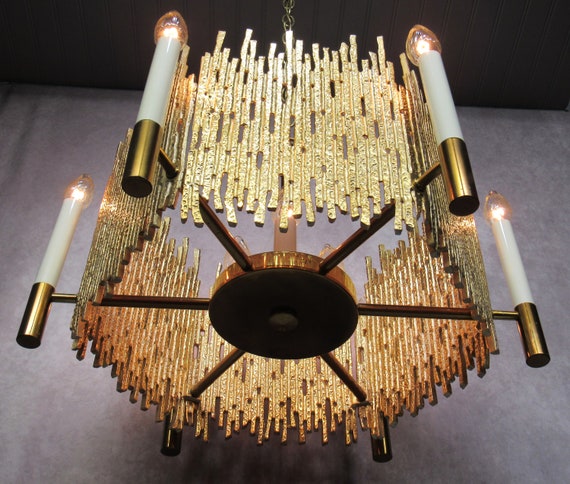 Vintage MCM Moe Light Chandelier Gold Brutalist Light 36 Long