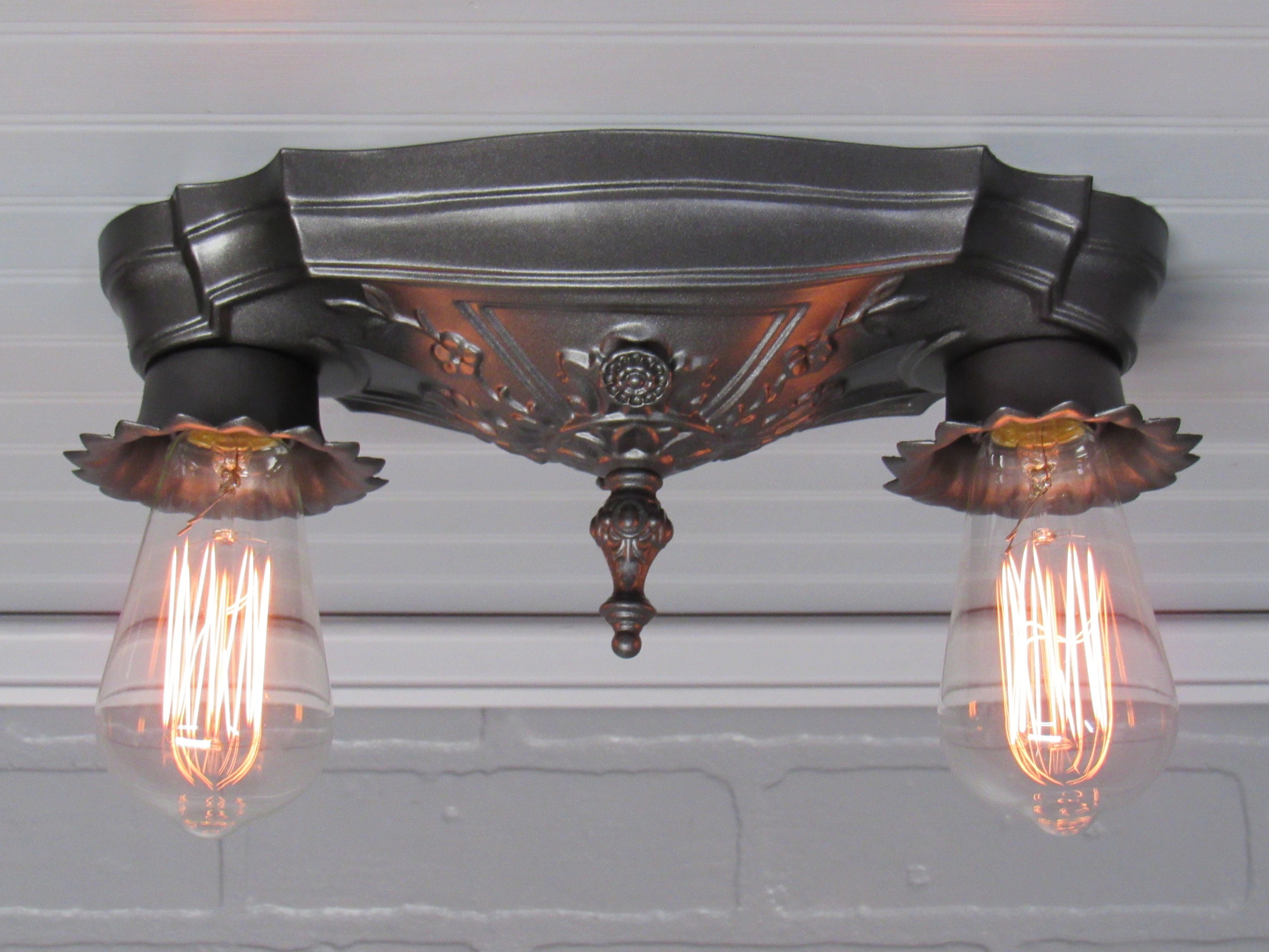 Vintage 1920 s Art Deco Flush Mount Ceiling Light Brass Two Light